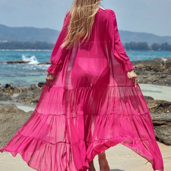 Pink Boho Womens Ruffle Hem Sheer Mesh Kimono - Picture 2 of 5
